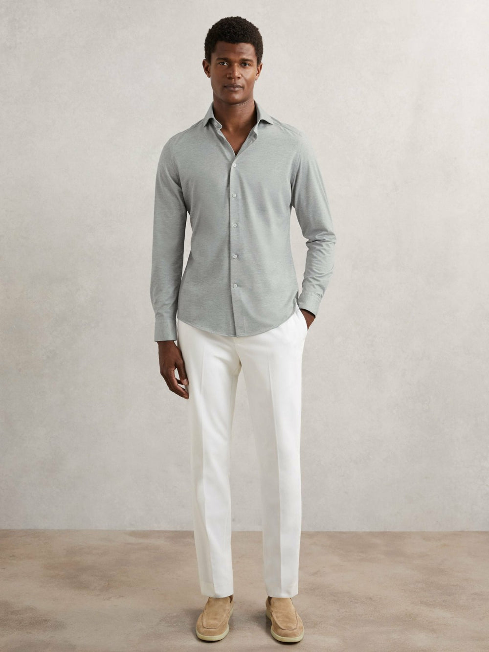 Reiss | Cotton-Blend Jersey Cutaway-Collar Shirt in Grey Melange