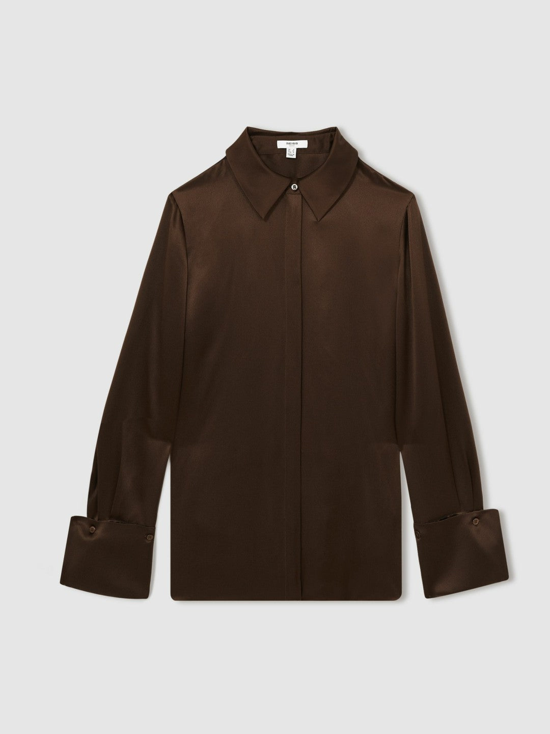 Reiss | Silk Double-Cuff Button-Through Shirt in Chocolate
