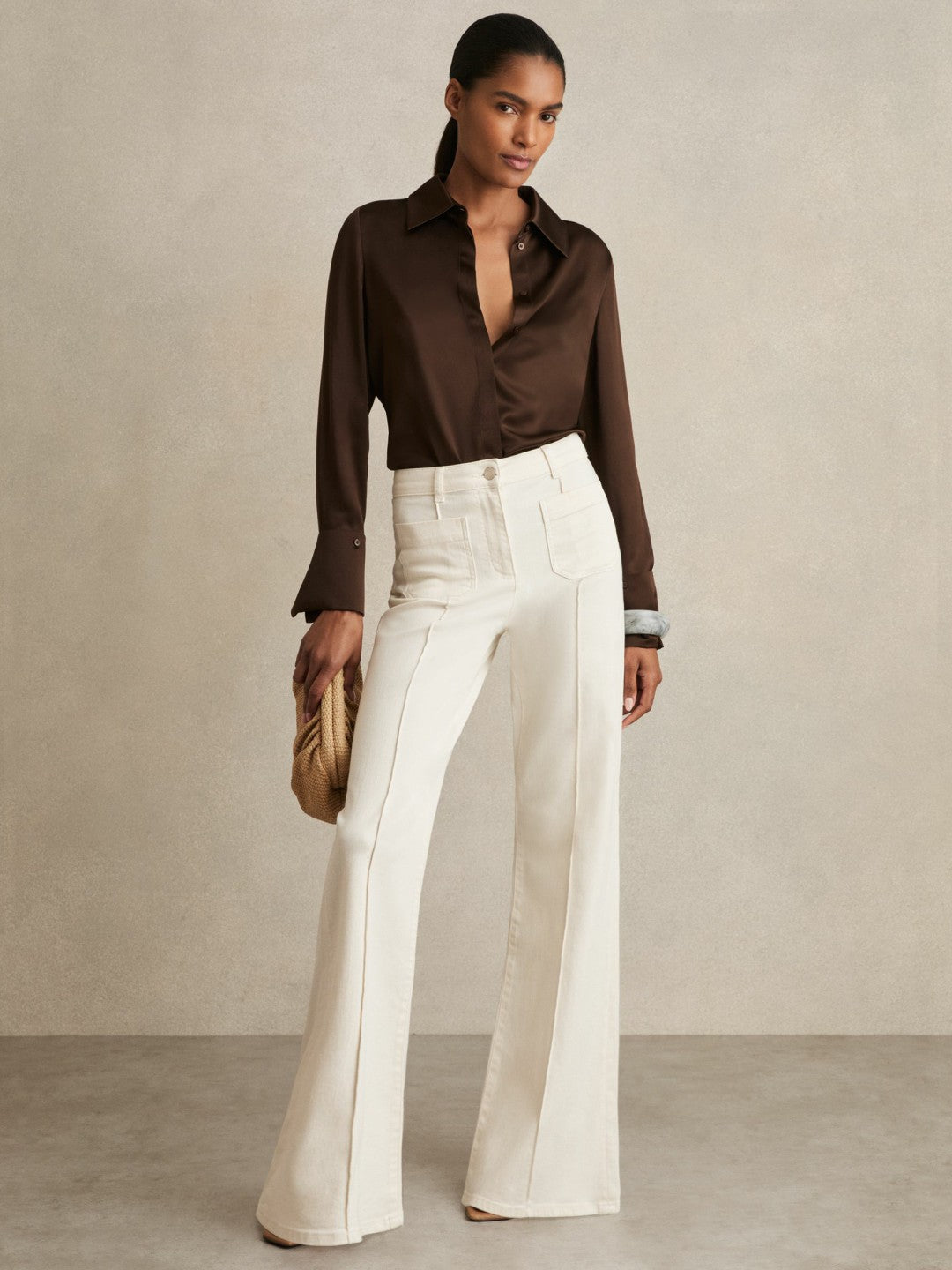 Reiss | Silk Double-Cuff Button-Through Shirt in Chocolate