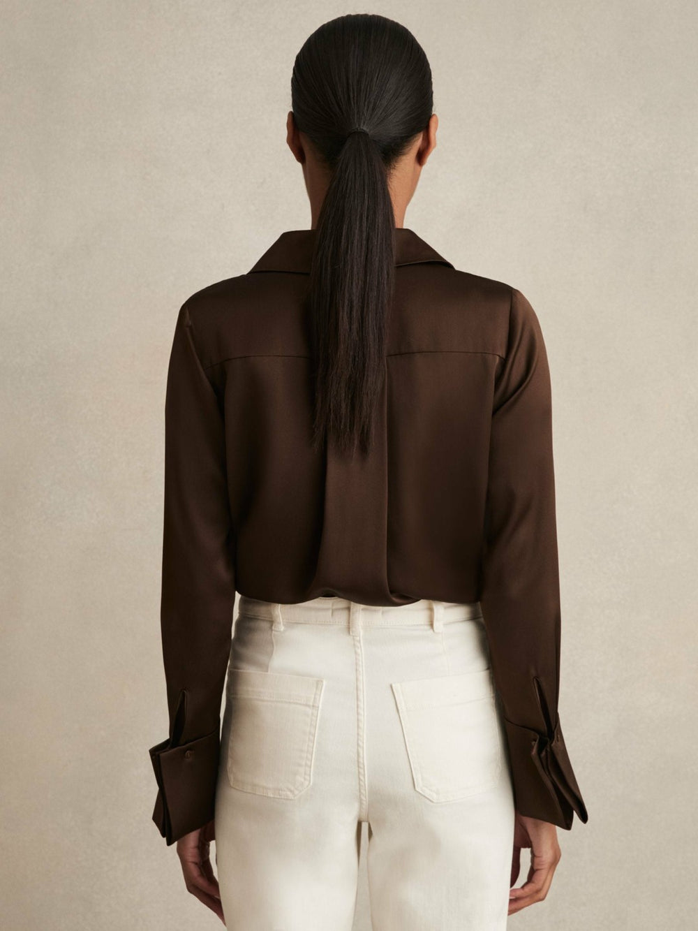 Reiss | Silk Double-Cuff Button-Through Shirt in Chocolate