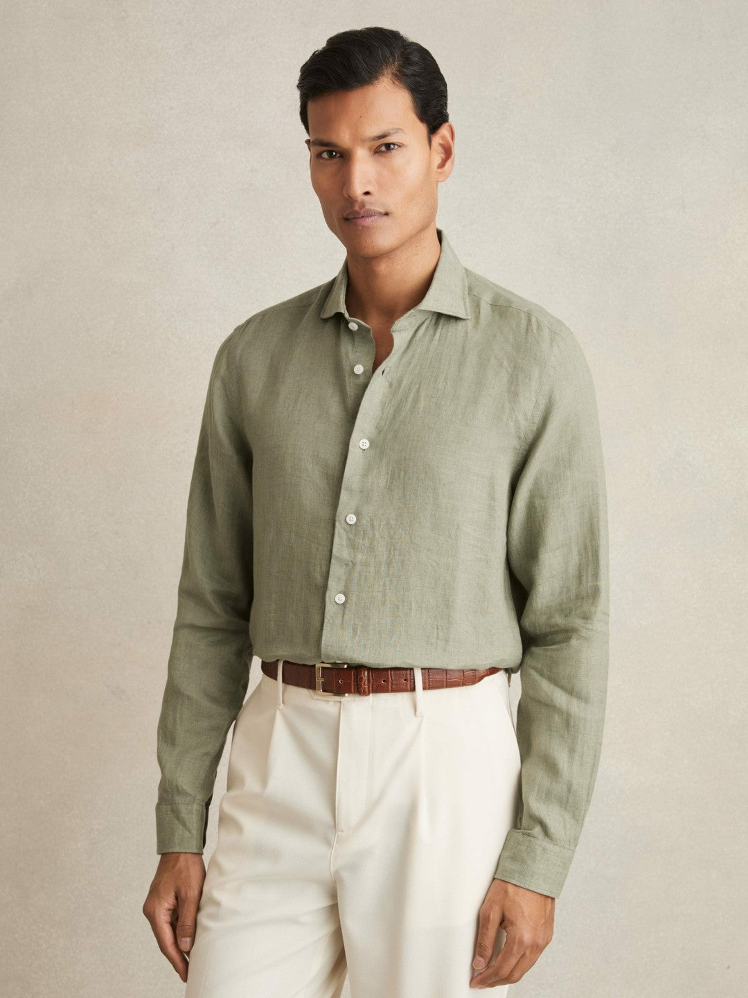 Reiss | Linen Button-Through Shirt in Thyme Green