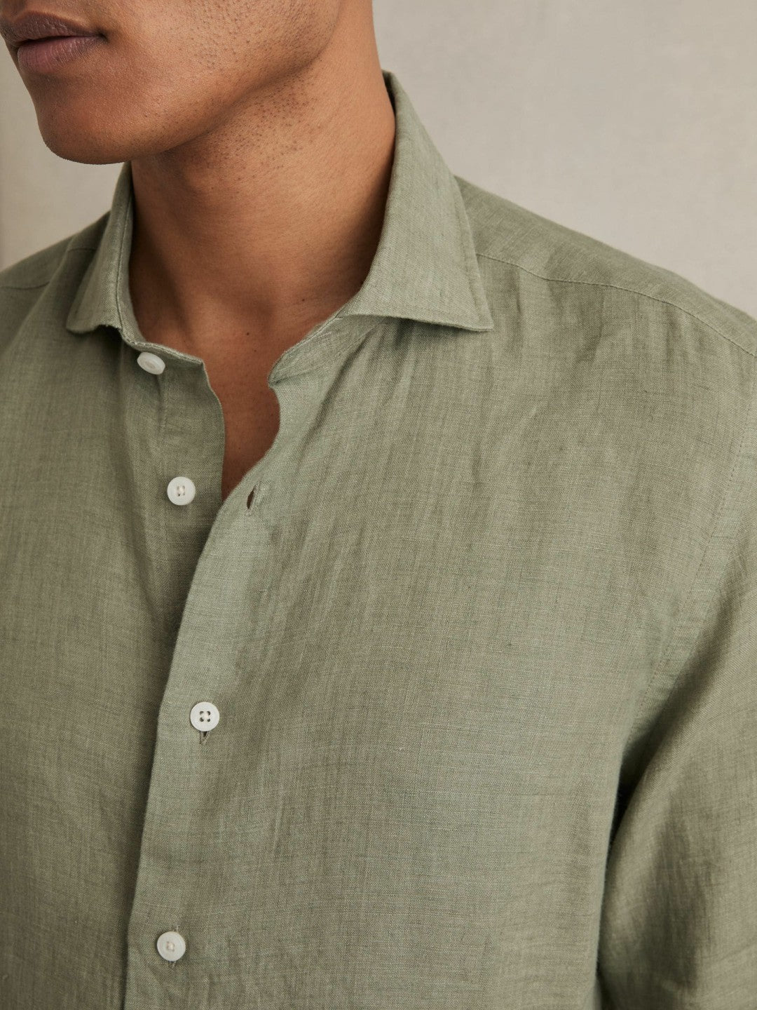 Reiss | Linen Button-Through Shirt in Thyme Green