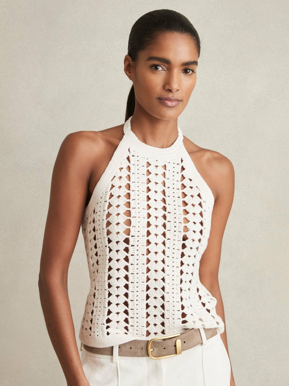 Reiss | Cotton Crochet Halterneck Vest Top in White