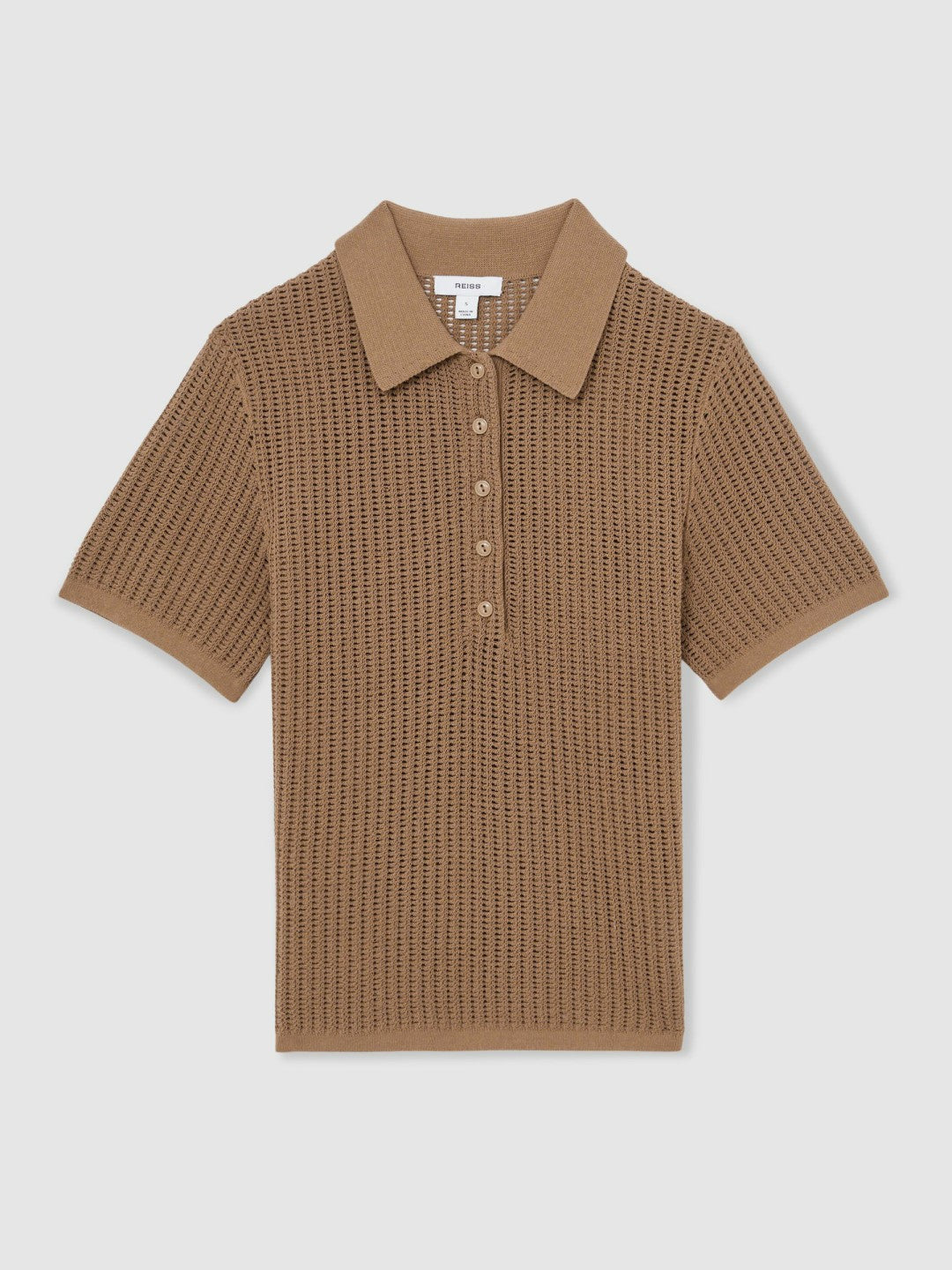 Reiss | Cotton-Blend Open-Knit Polo Shirt in Tan