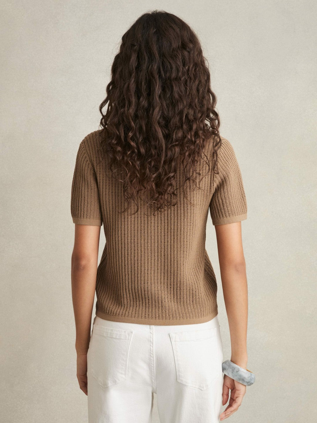 Reiss | Cotton-Blend Open-Knit Polo Shirt in Tan