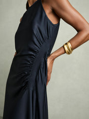 Reiss | Satin Shirred Midi Dress in Navy