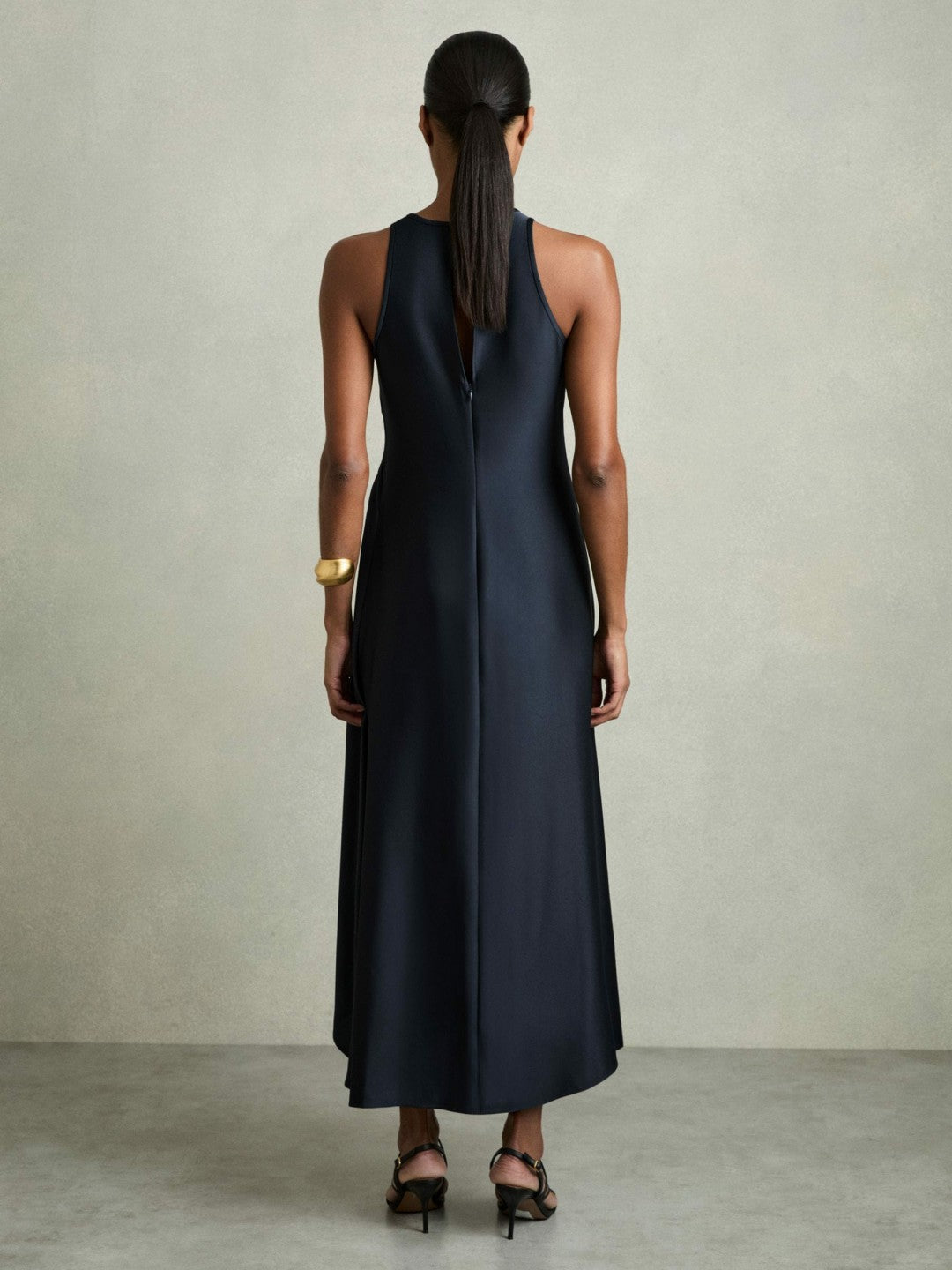 Reiss | Satin Shirred Midi Dress in Navy