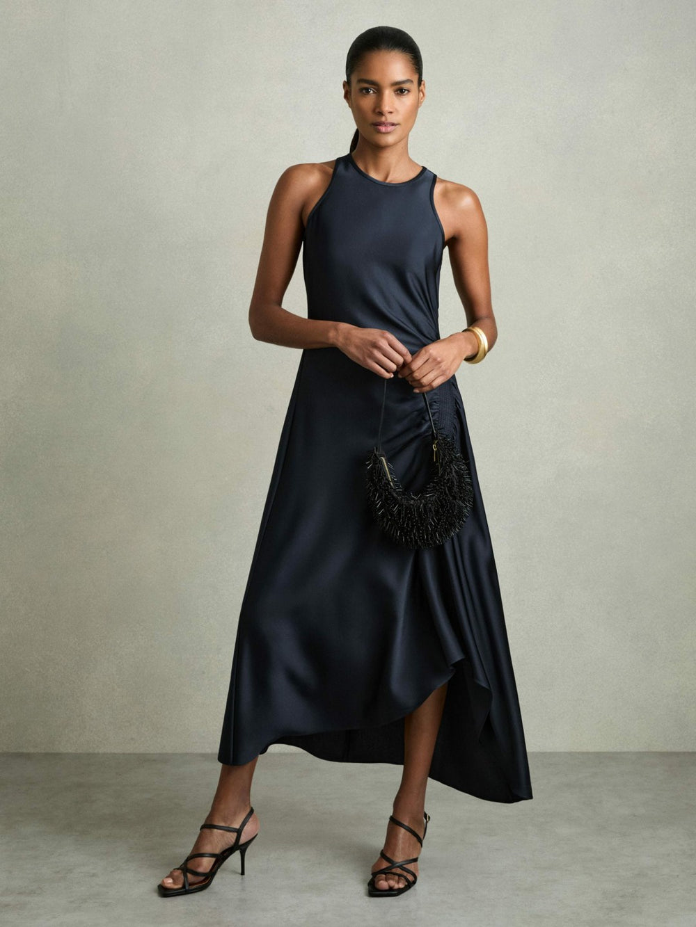 Reiss | Satin Shirred Midi Dress in Navy
