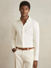 Reiss | Cotton-Jersey Button-Through Shirt in Ecru