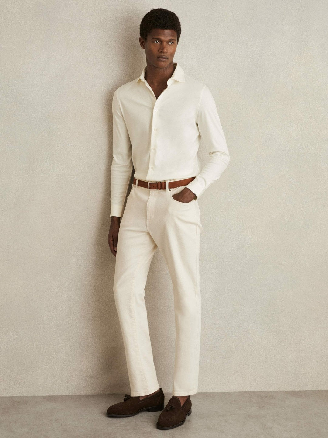 Reiss | Cotton-Jersey Button-Through Shirt in Ecru