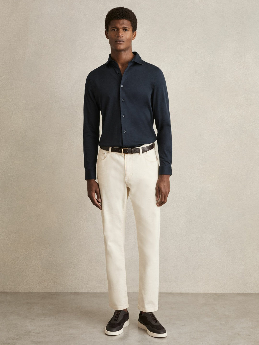 Reiss | Cotton-Jersey Button-Through Shirt in Navy