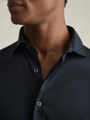 Reiss | Cotton-Jersey Button-Through Shirt in Navy