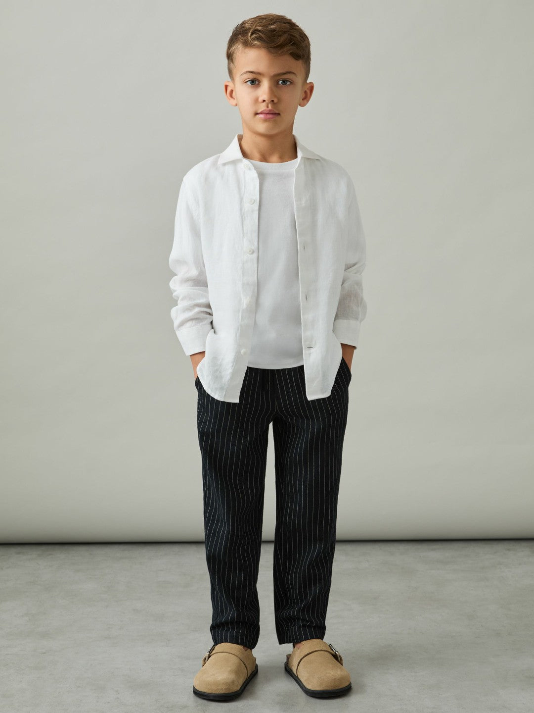 Reiss | Linen-Blend Drawstring Trousers in Navy Stripe