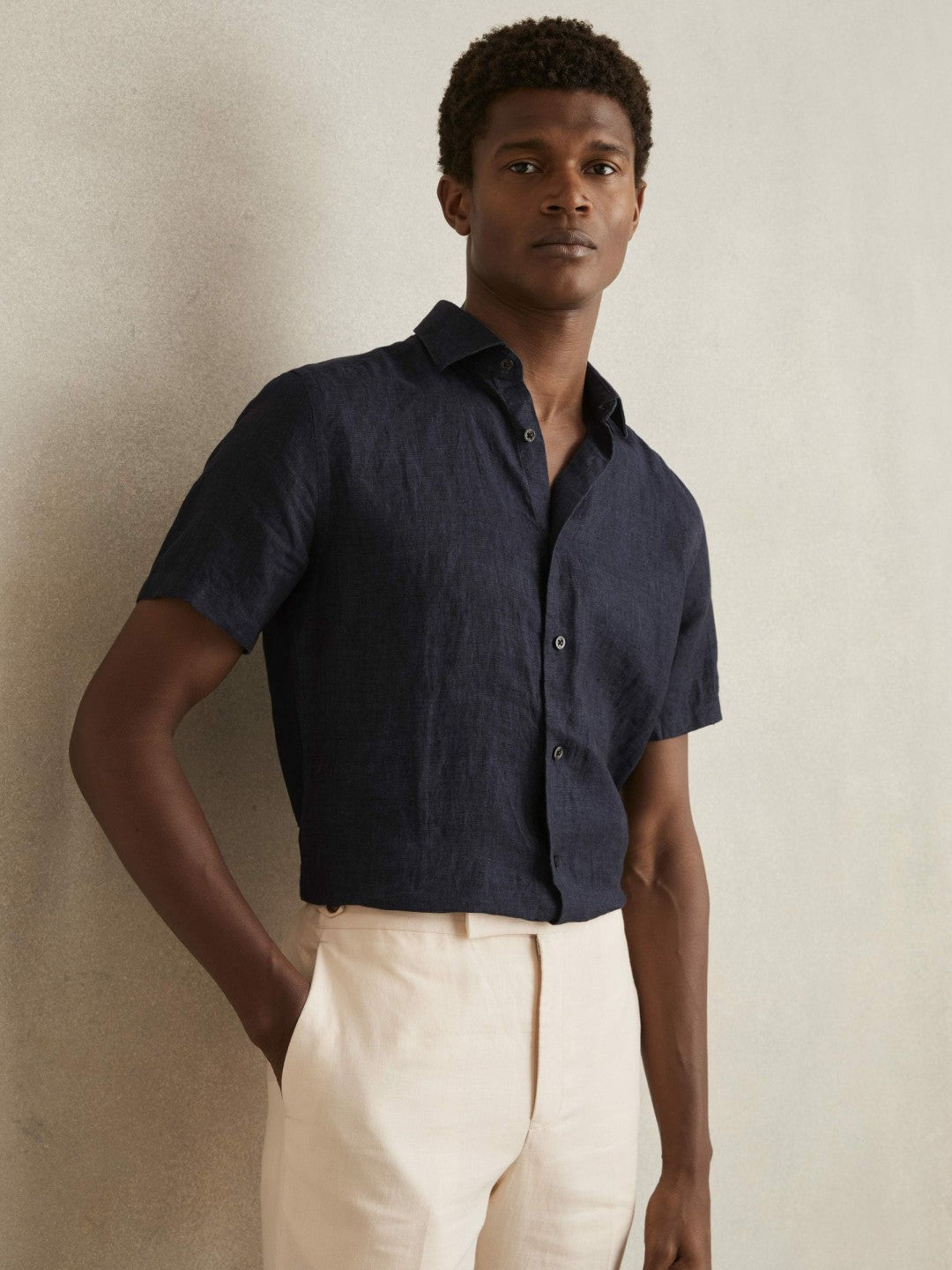 Reiss | Slim Fit Linen Button-Through Shirt in Navy