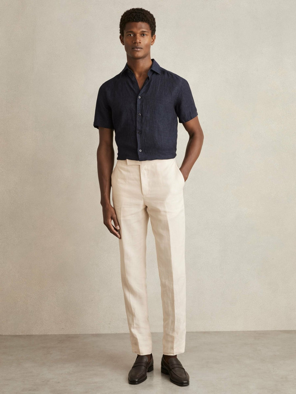 Reiss | Slim Fit Linen Button-Through Shirt in Navy