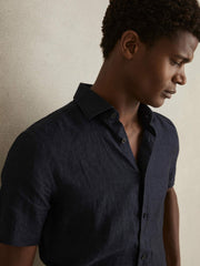 Reiss | Slim Fit Linen Button-Through Shirt in Navy