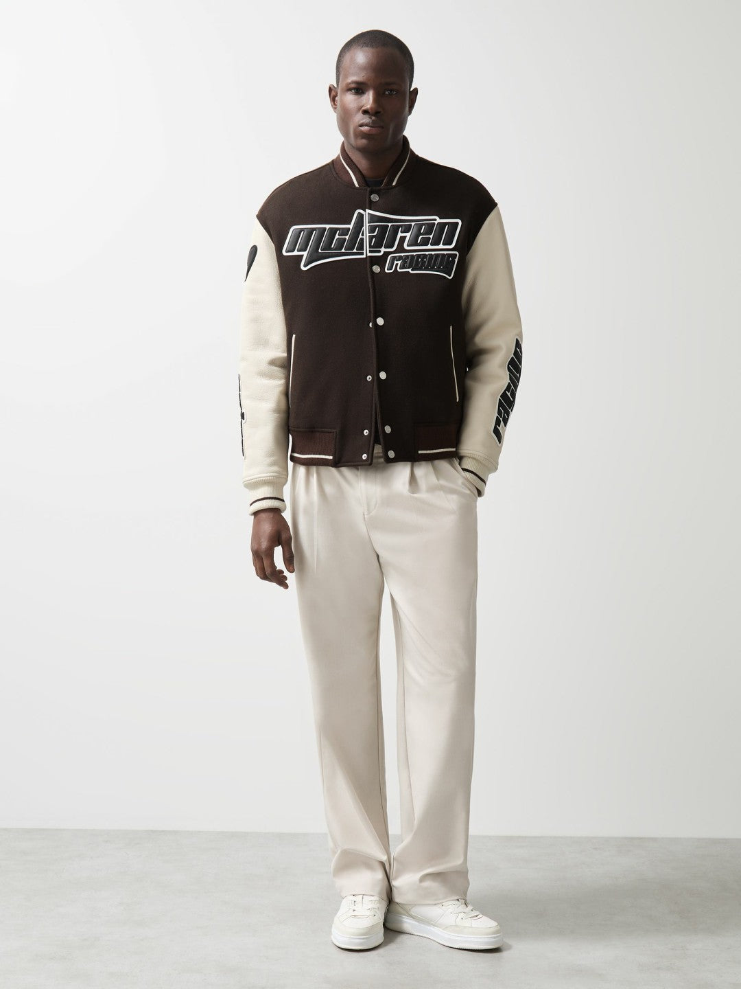 Reiss | McLaren F1 Team Bomber Jacket in Brown/Ivory/White