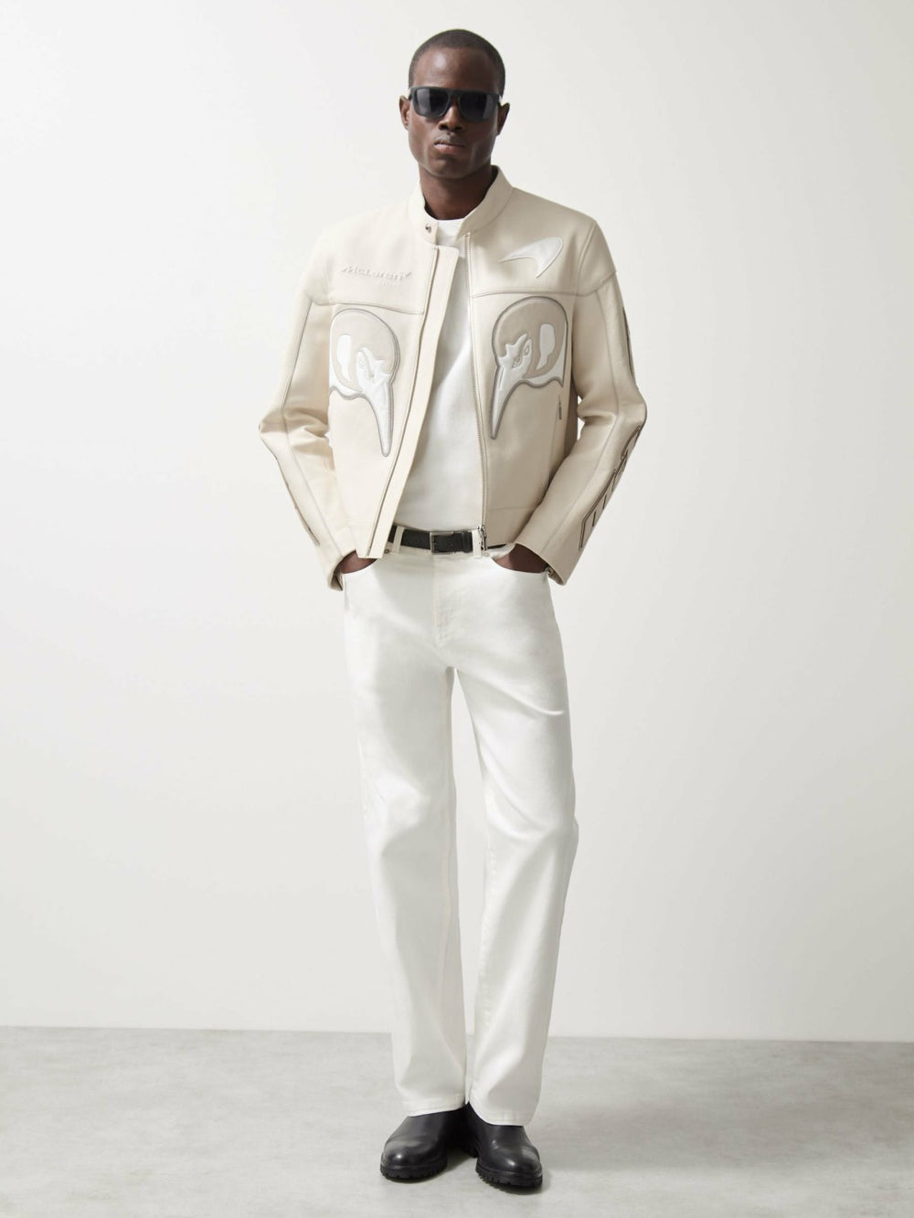 Reiss | McLaren F1 Team Leather Biker Jacket in Off White