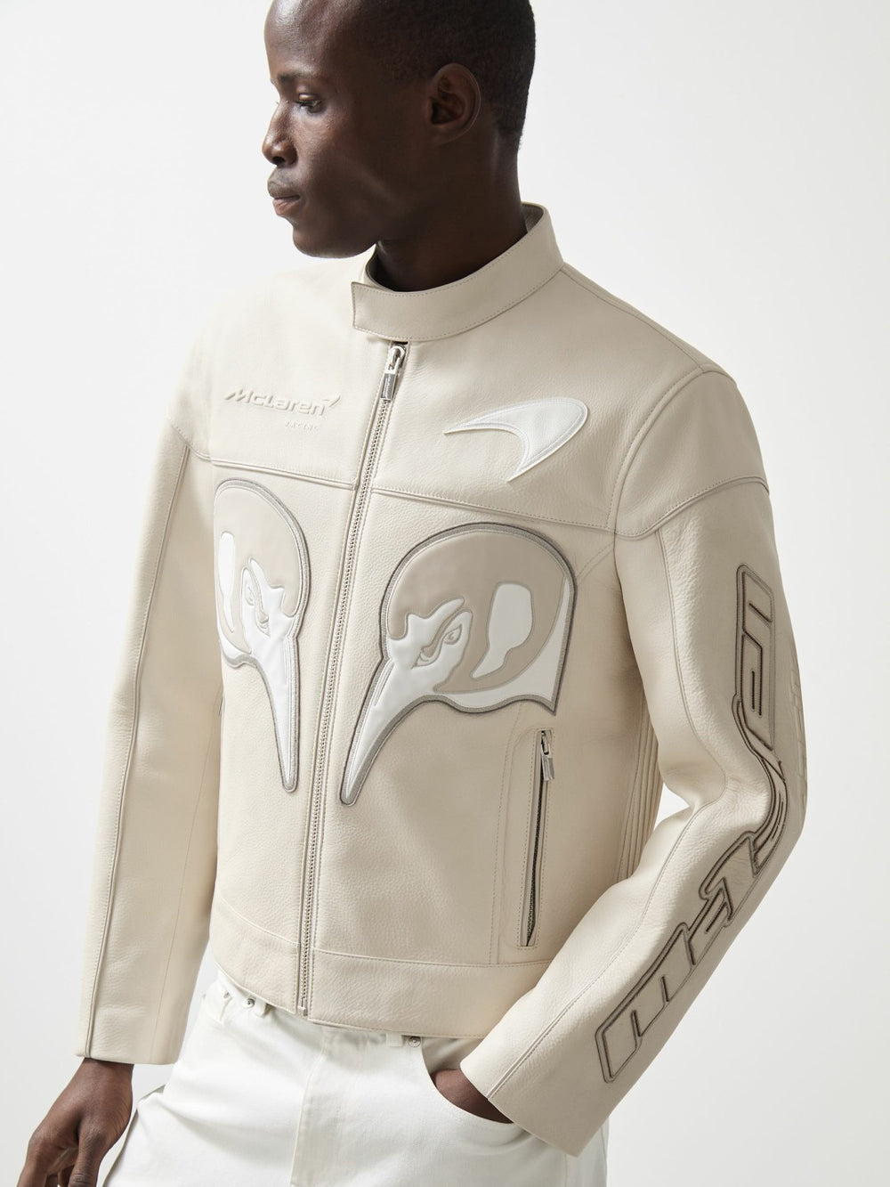 Reiss | McLaren F1 Team Leather Biker Jacket in Off White