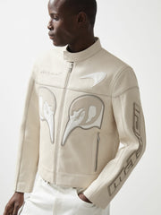Reiss | McLaren F1 Team Leather Biker Jacket in Off White