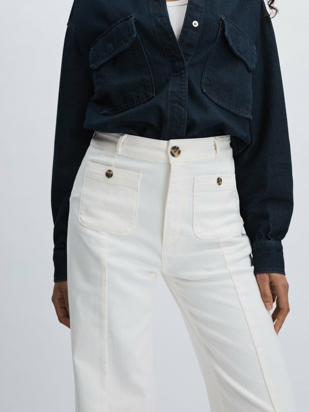 Reiss | Paige Wide-Leg Patch Pocket Jeans in Ecru