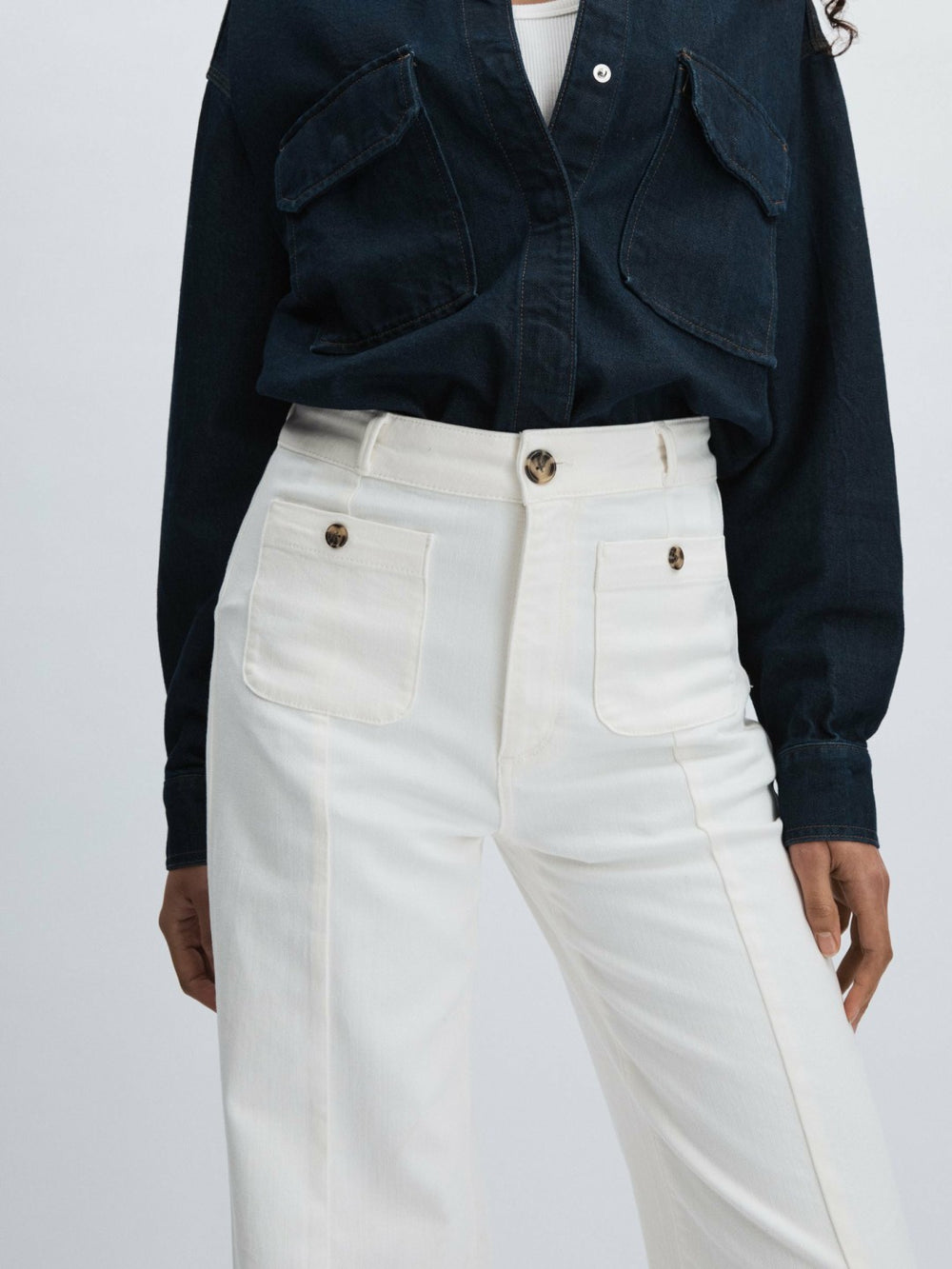 Reiss | Paige Wide-Leg Patch Pocket Jeans in Ecru