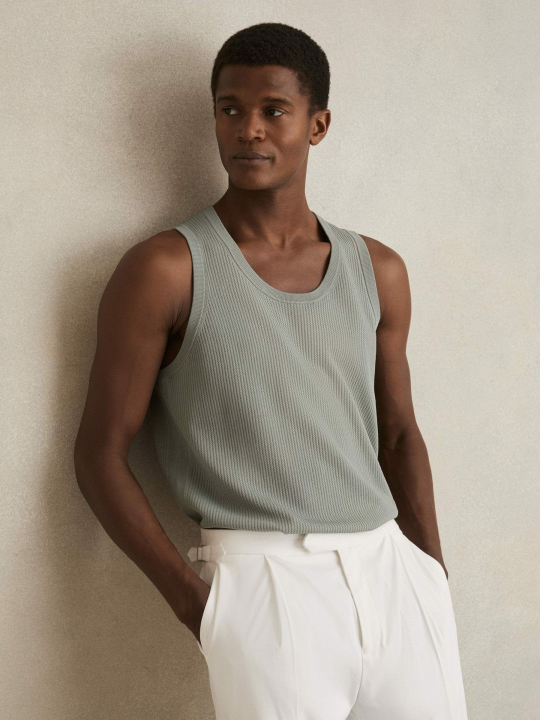 Reiss | Textured Crew Neck Ribbed Vest in Sage Green