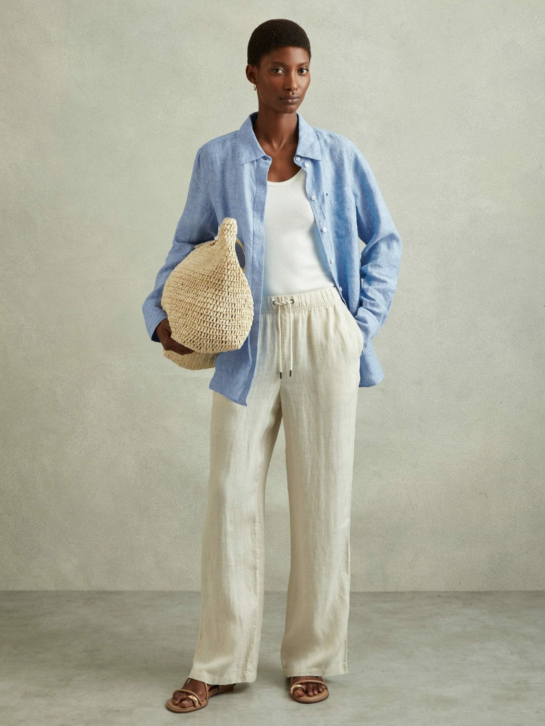 Reiss | Linen Button-Through Shirt in Blue