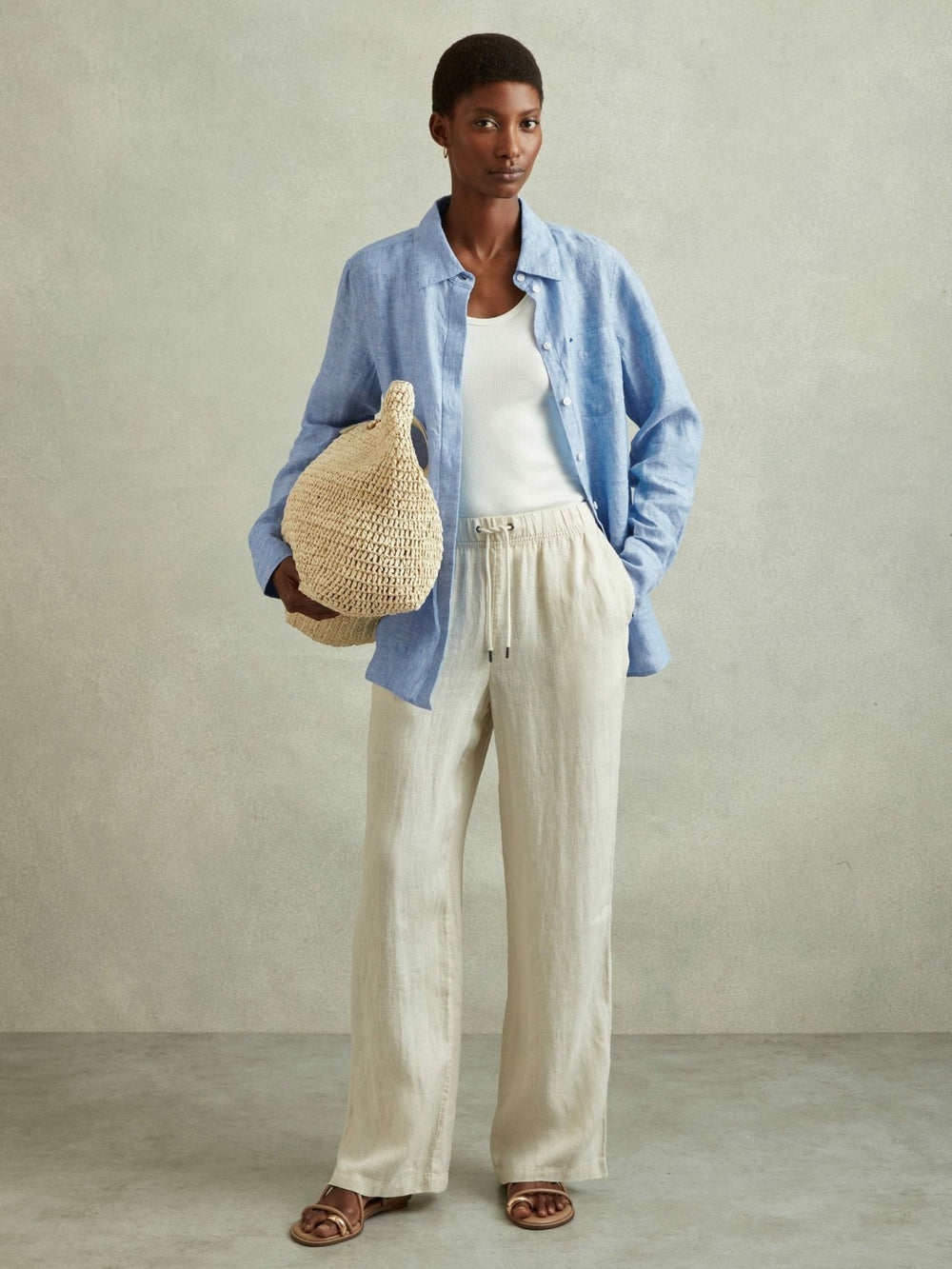 Reiss | Linen Button-Through Shirt in Blue