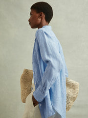 Reiss | Linen Button-Through Shirt in Blue
