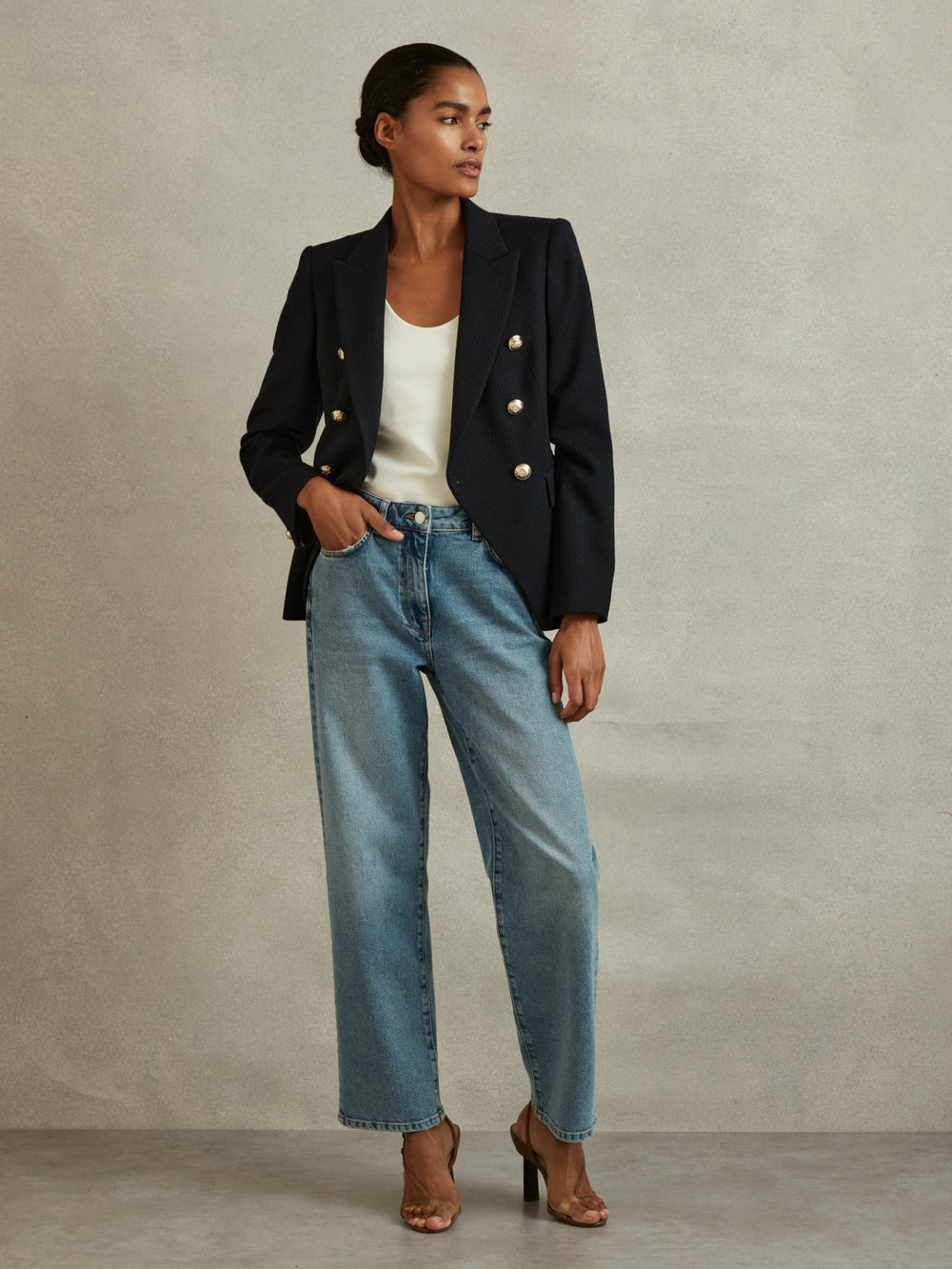 Reiss | Tailored Fit Textured Double Breasted Blazer in Navy