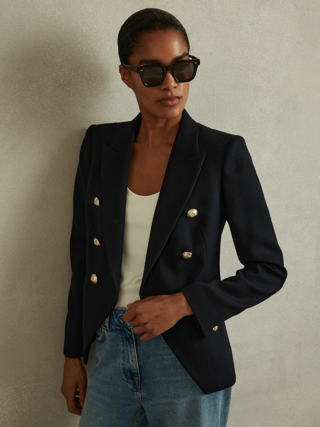 Reiss | Tailored Fit Textured Double Breasted Blazer in Navy