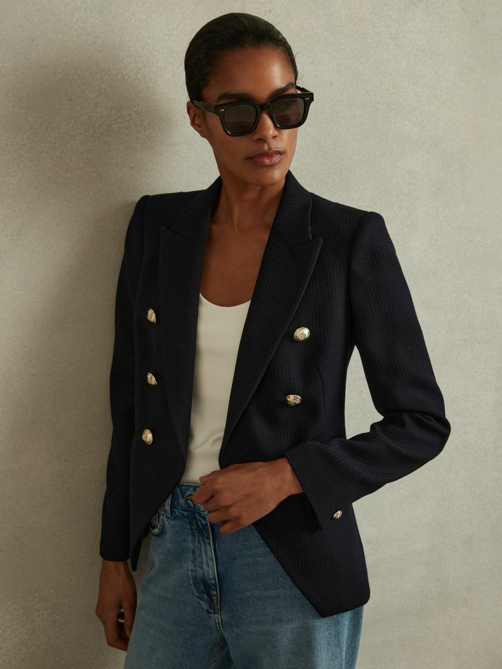 Reiss | Tailored Fit Textured Double Breasted Blazer in Navy