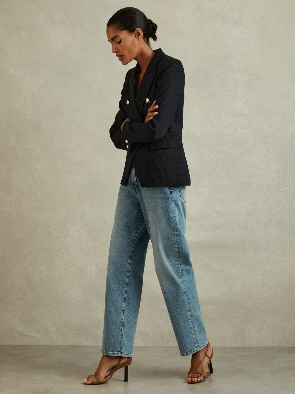 Reiss | Tailored Fit Textured Double Breasted Blazer in Navy