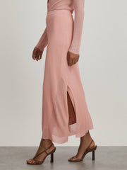 Reiss | Carrie Pink Anna Quan Sheer Ribbed Knitted Midi Skirt
