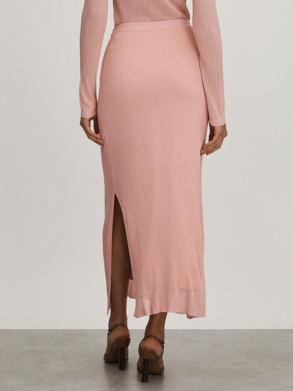 Reiss | Carrie Pink Anna Quan Sheer Ribbed Knitted Midi Skirt