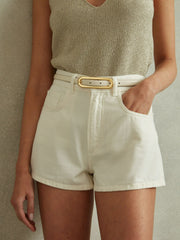 Reiss | Thin Leather Elongated Buckle Belt in Off White