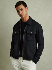 Reiss | Interlock Jersey Zip-Through Jacket in Navy Blue