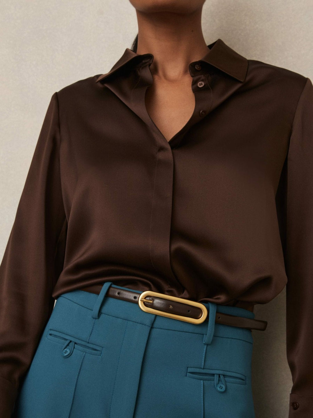 Reiss | Thin Leather Elongated Buckle Belt in Chocolate