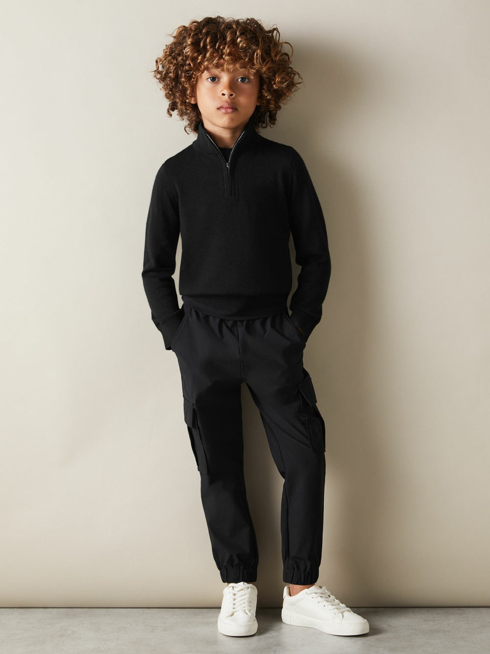 Reiss | 3-9 yrs Merino Wool Half-Zip Funnel Neck Jumper in Black