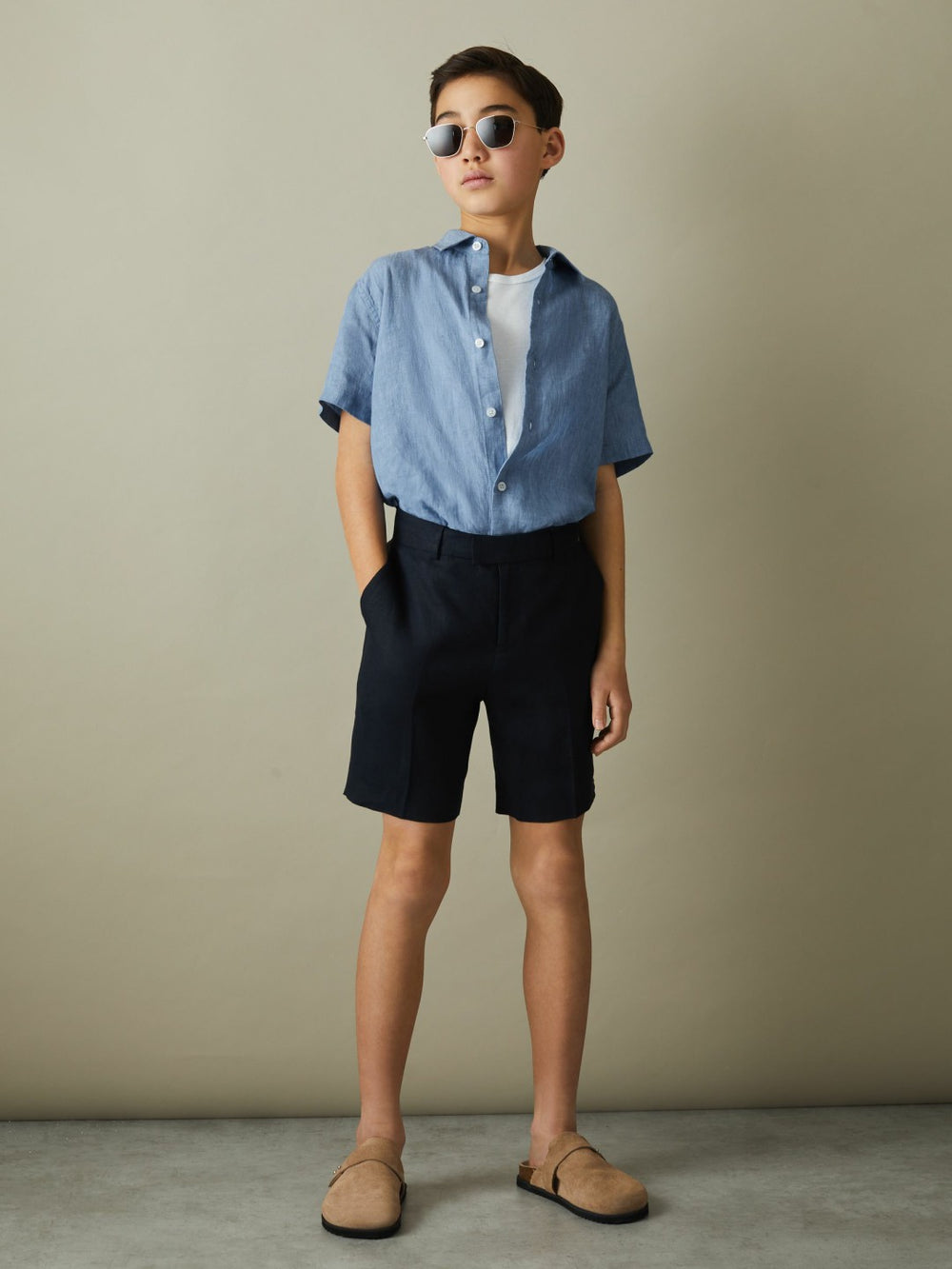 Reiss | 3-9 yrs Short Sleeve Linen Shirt in Sky Blue