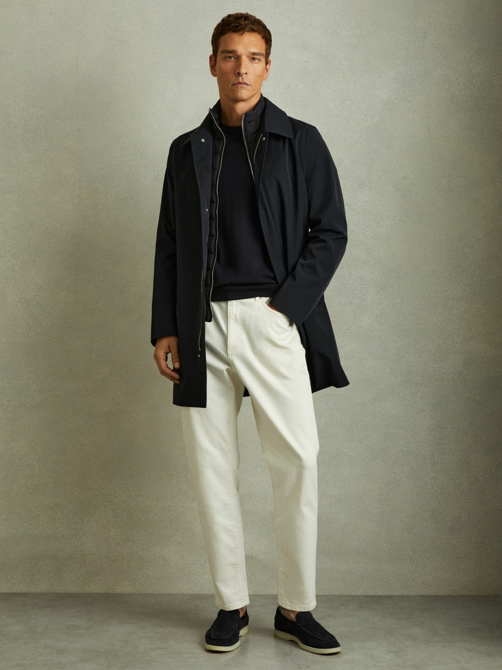 Reiss | Hybrid Removable Funnel Neck Overcoat in Navy