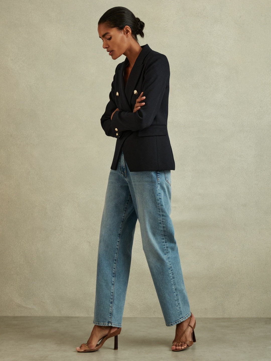 Reiss | Petite Tailored Fit Textured Double Breasted Blazer in Navy
