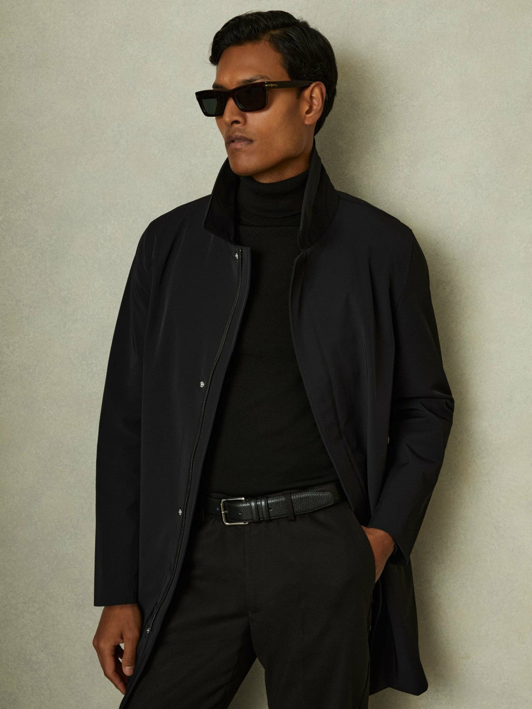 Reiss | Hybrid Removable Funnel Neck Overcoat in Black