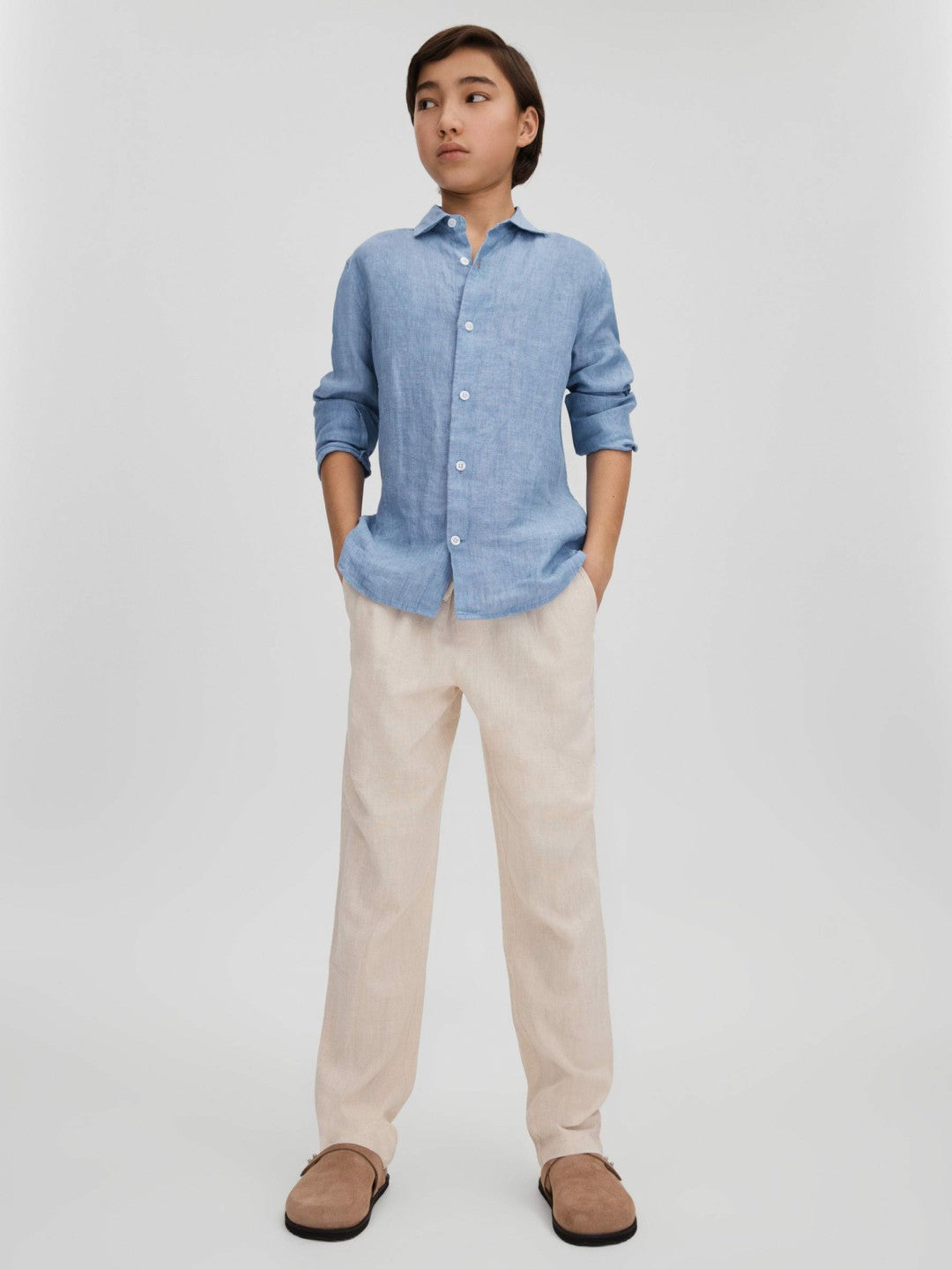 Reiss | 3-9 yrs Linen Cutaway Collar Shirt in Sky Blue