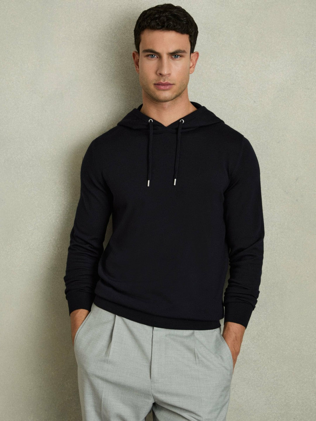 Reiss | Merino Wool Drawstring Hoodie in Navy