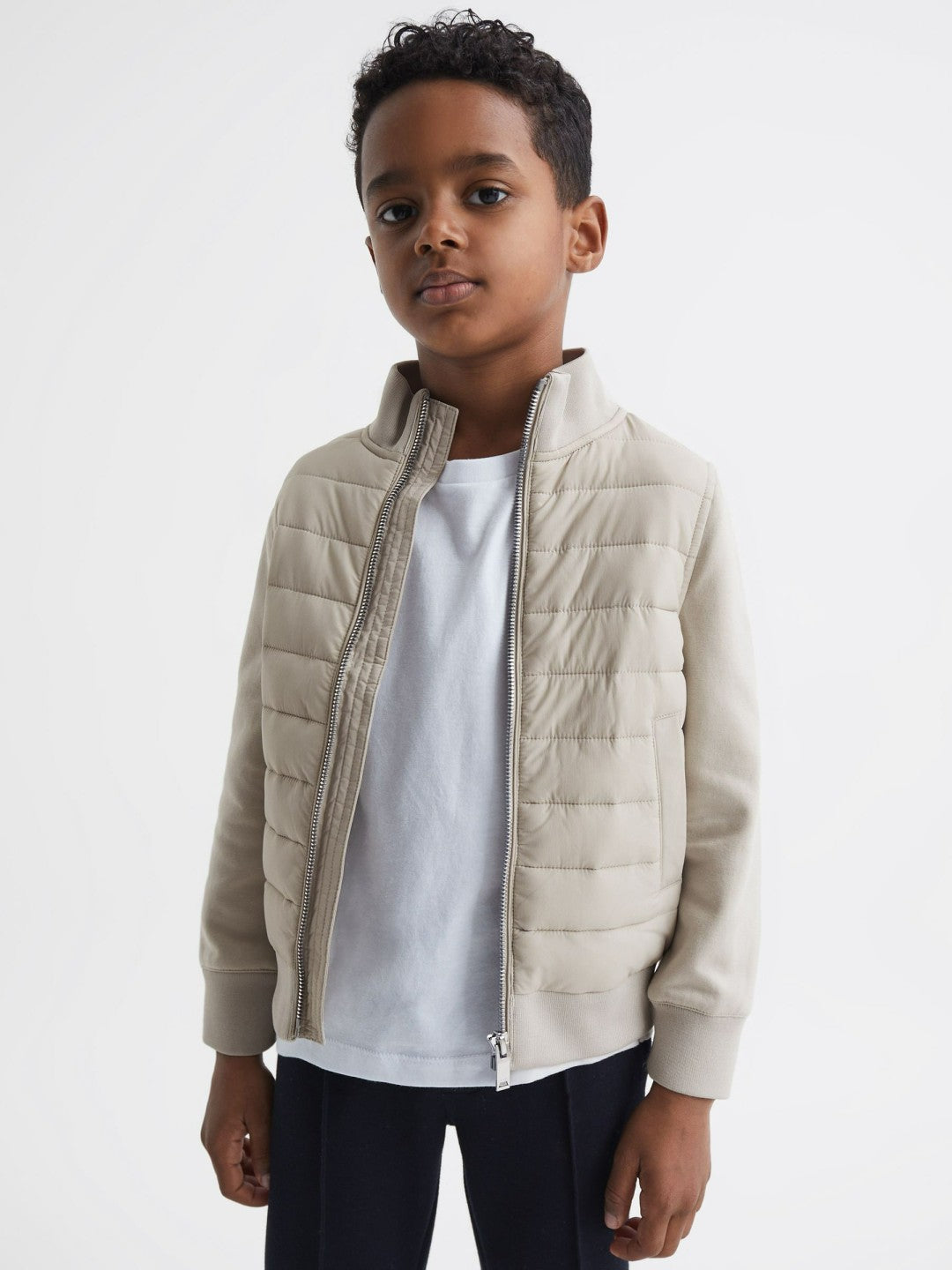 Reiss | 3-9 yrs Funnel Neck Quilted Hybrid Jacket in Stone