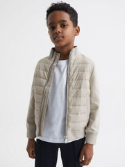 Reiss | 3-9 yrs Funnel Neck Quilted Hybrid Jacket in Stone
