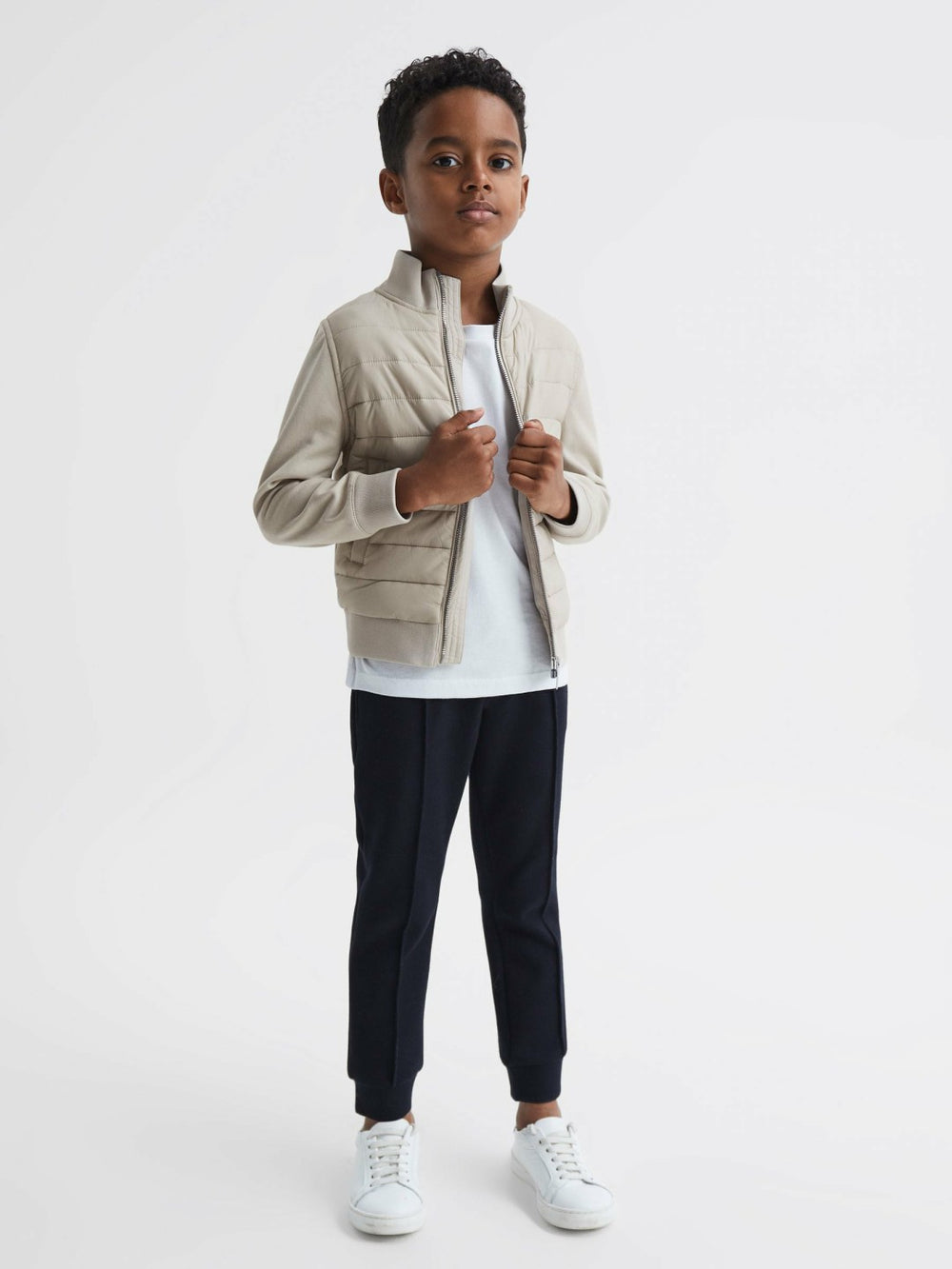 Reiss | 3-9 yrs Funnel Neck Quilted Hybrid Jacket in Stone