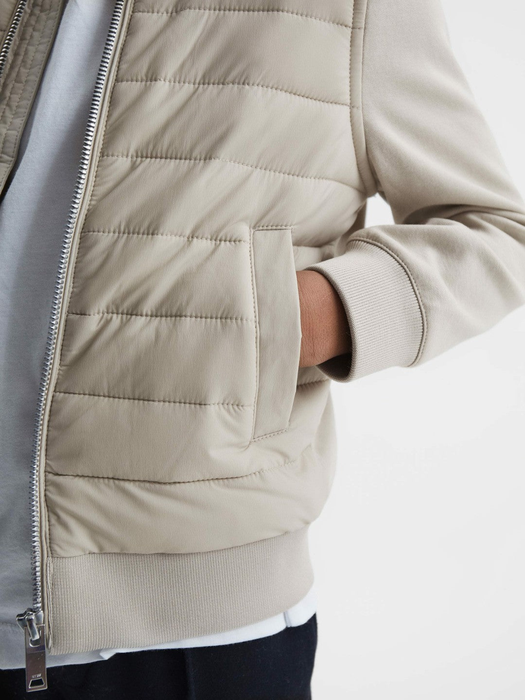 Reiss | 3-9 yrs Funnel Neck Quilted Hybrid Jacket in Stone